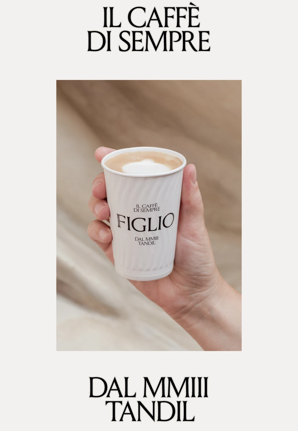 Pieza Figlio dedicada al café con composición tipográfica y vaso de marca