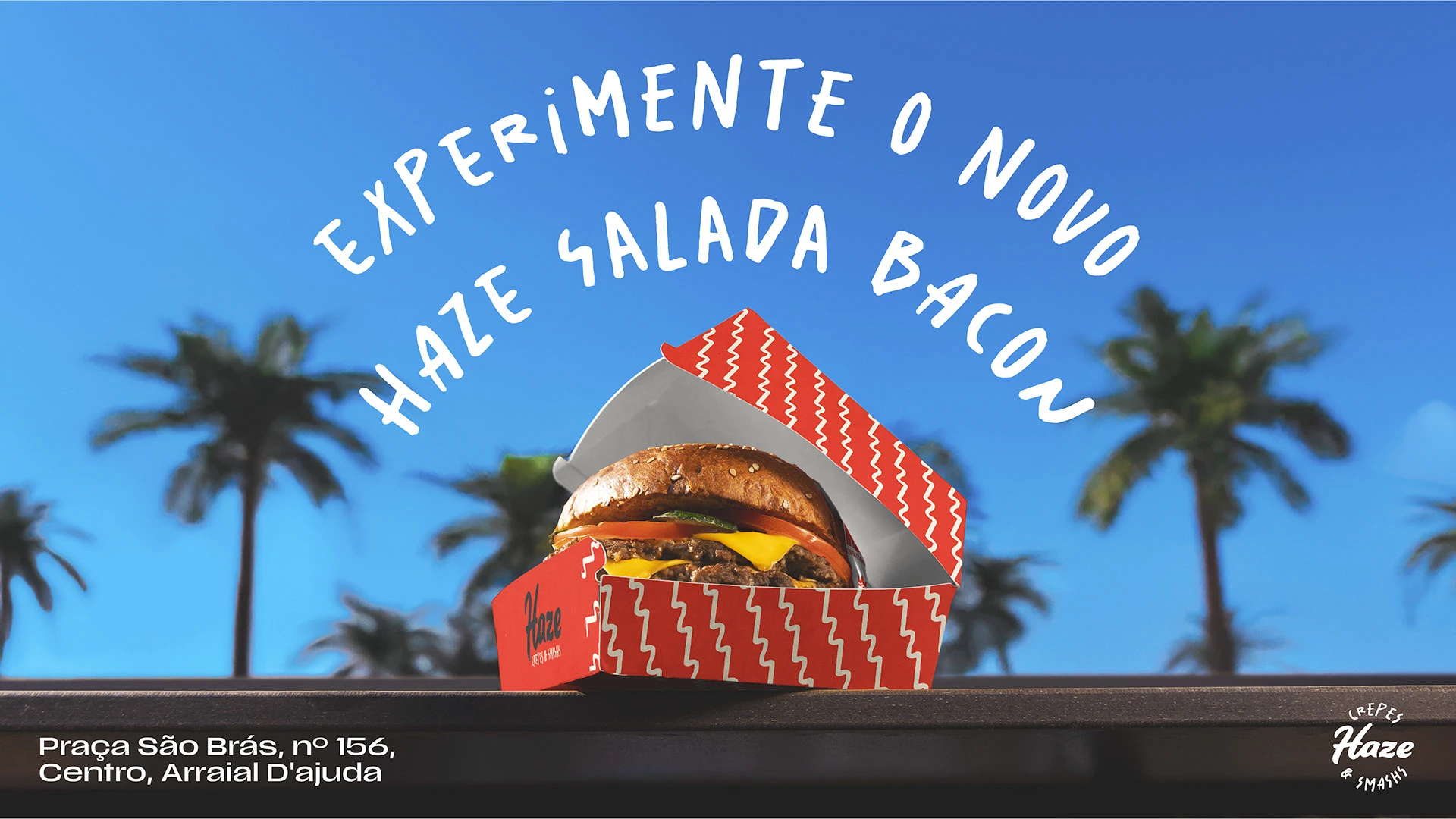 Presentación de publicidad Haze con hamburguesa titular curvo y fondo azul