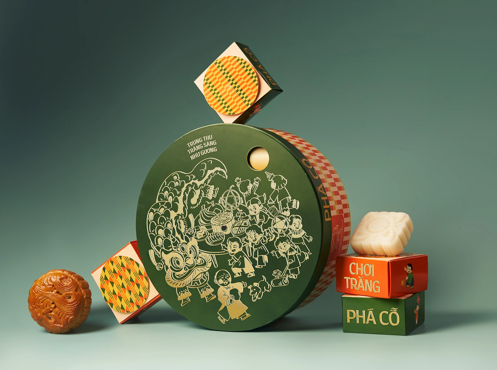 Packaging Phá Cỗ Chơi Trăng con caja circular ilustrada y envases interiores