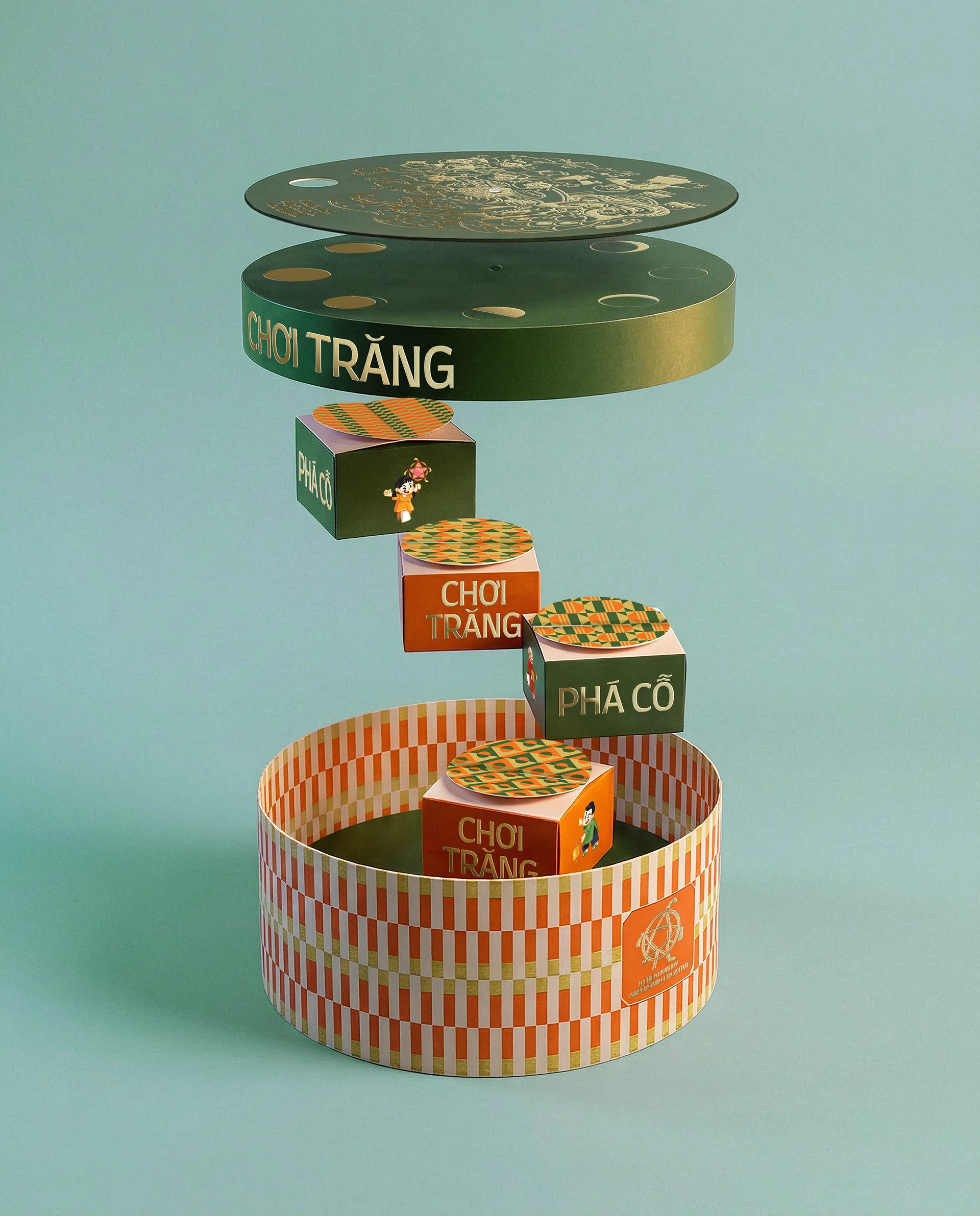 Visualización de la estructura circular y las cajas interiores del packaging Moon Cake