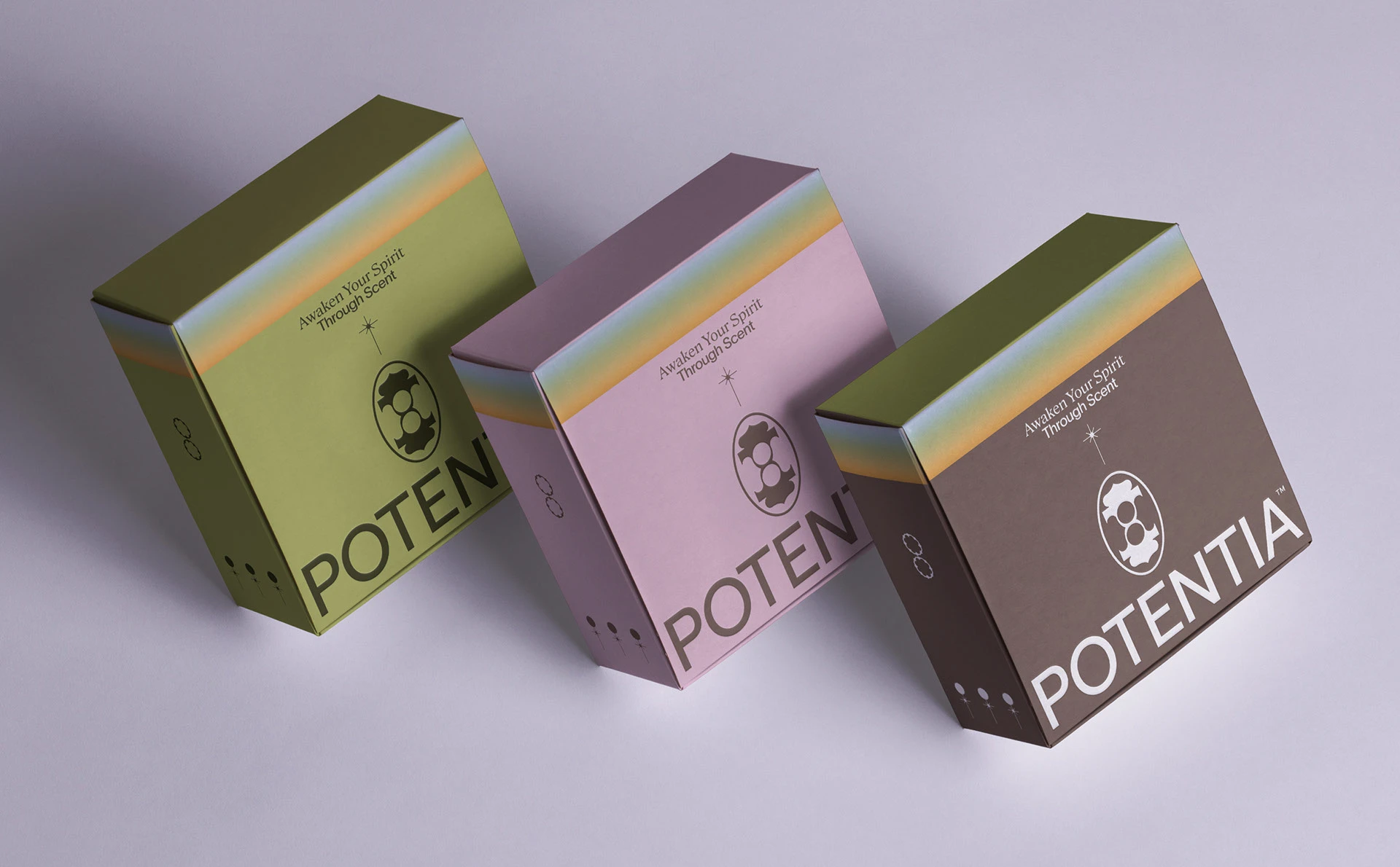 Envases de fragancias Potentia en diferentes colores con nombre y emblema