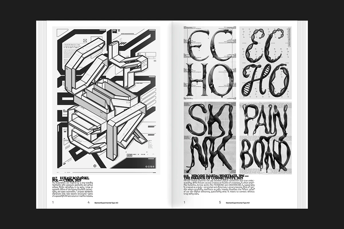 Otra doble página de Slanted con letras transformadas y construcciones tipográficas