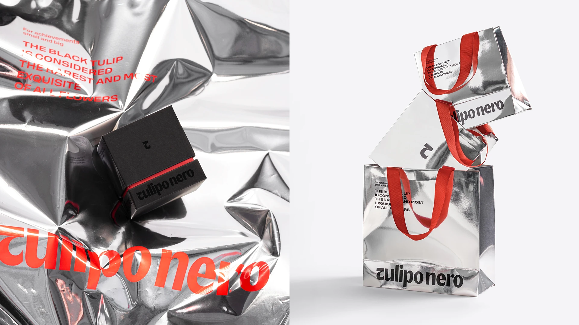 Bolsas plateadas y embalaje de Tulipo Nero con marca y cintas rojas