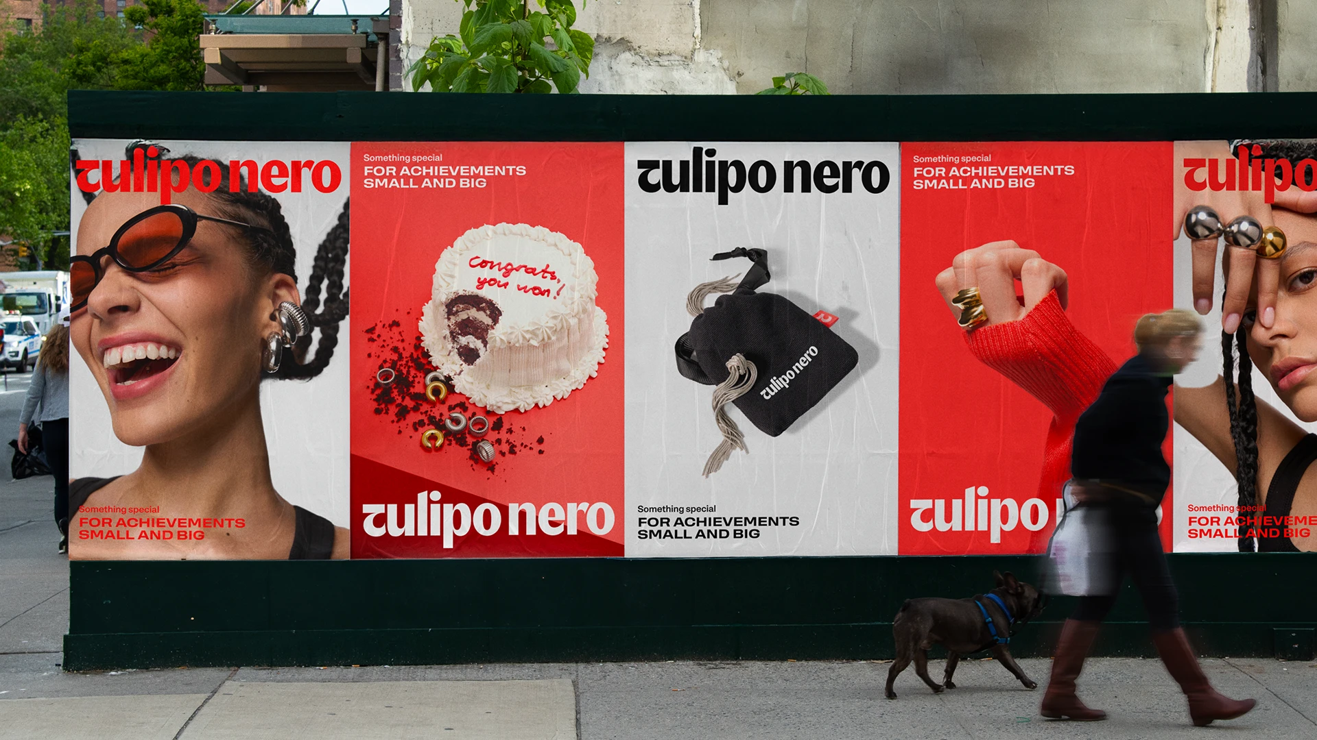 Serie de carteles Tulipo Nero con fotografía de accesorios retratos y una tarta