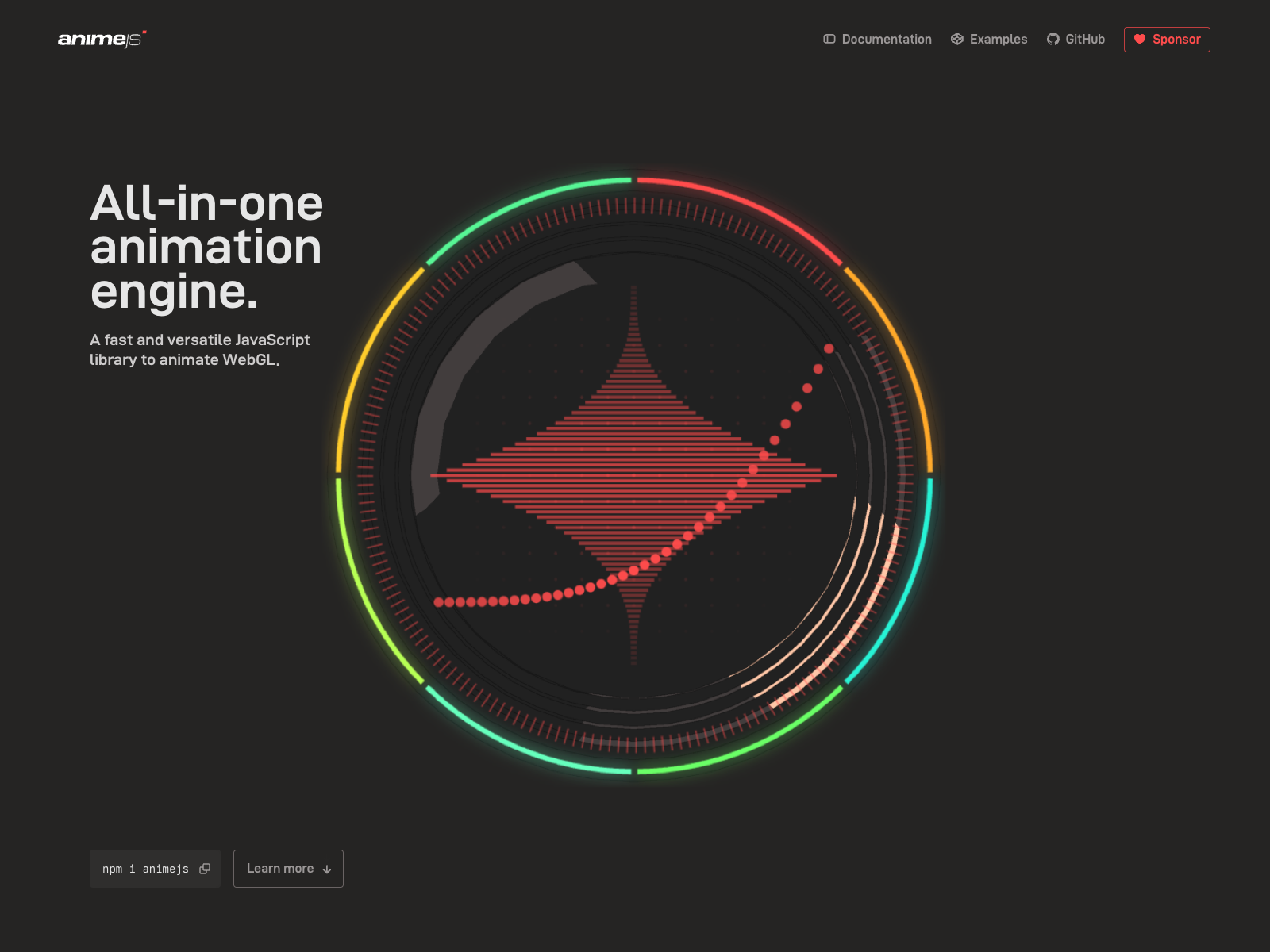 Cabecera de Anime.js con círculo geométrico y acentos de colores sobre fondo oscuro