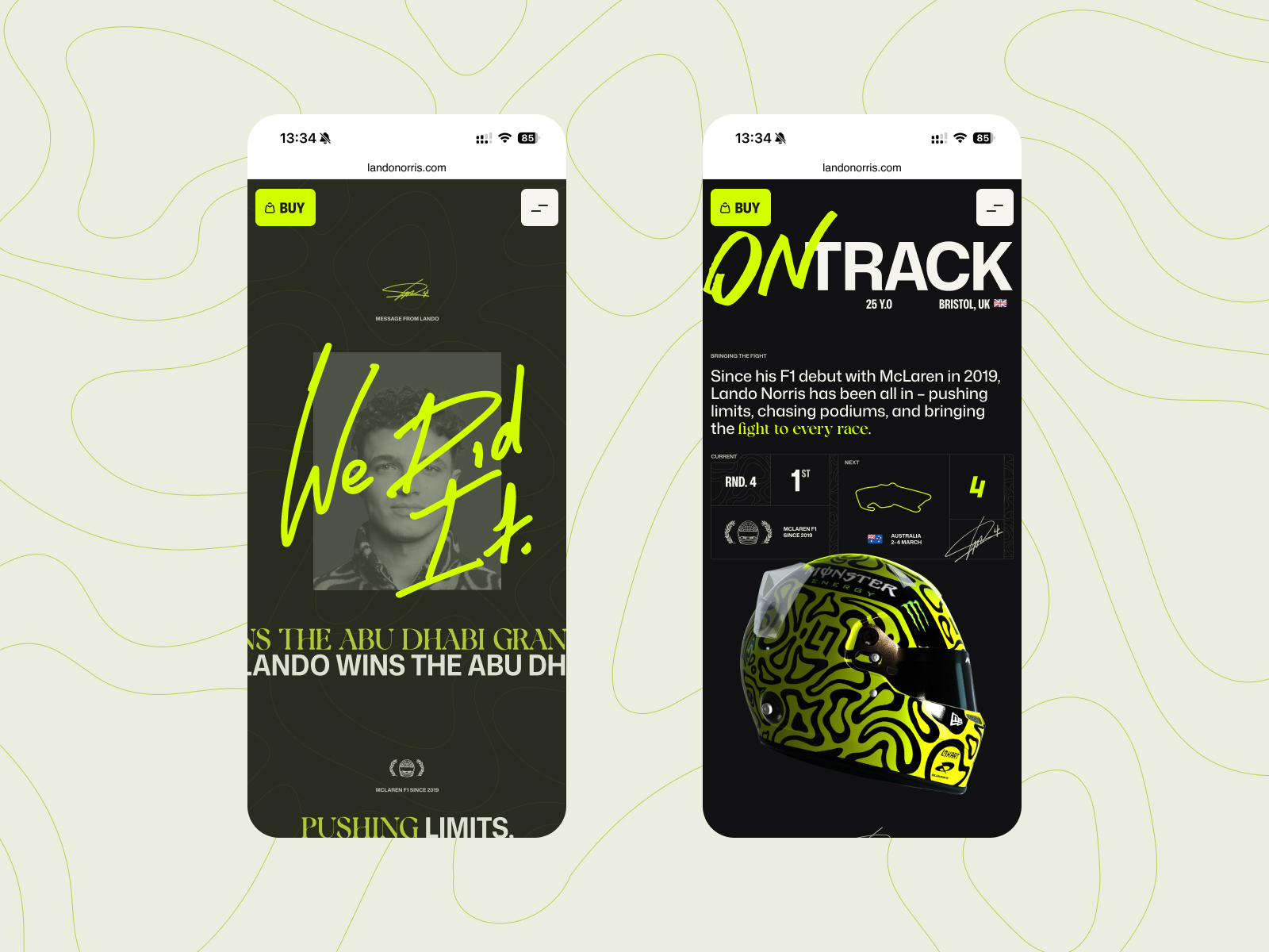 Adaptaciones móviles de la web de Lando Norris diseñadas por OFF BRAND