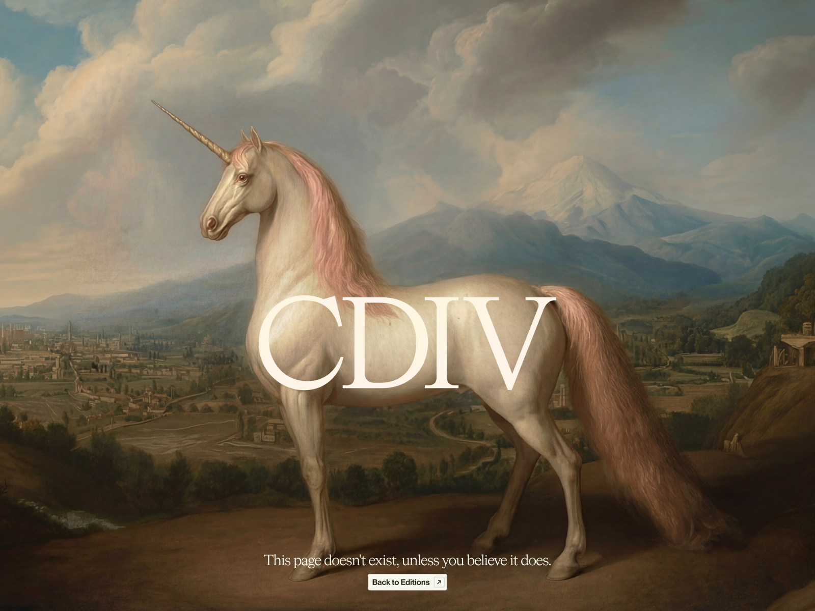 Página 404 de The Renaissance Edition con unicornio y tipografía grande