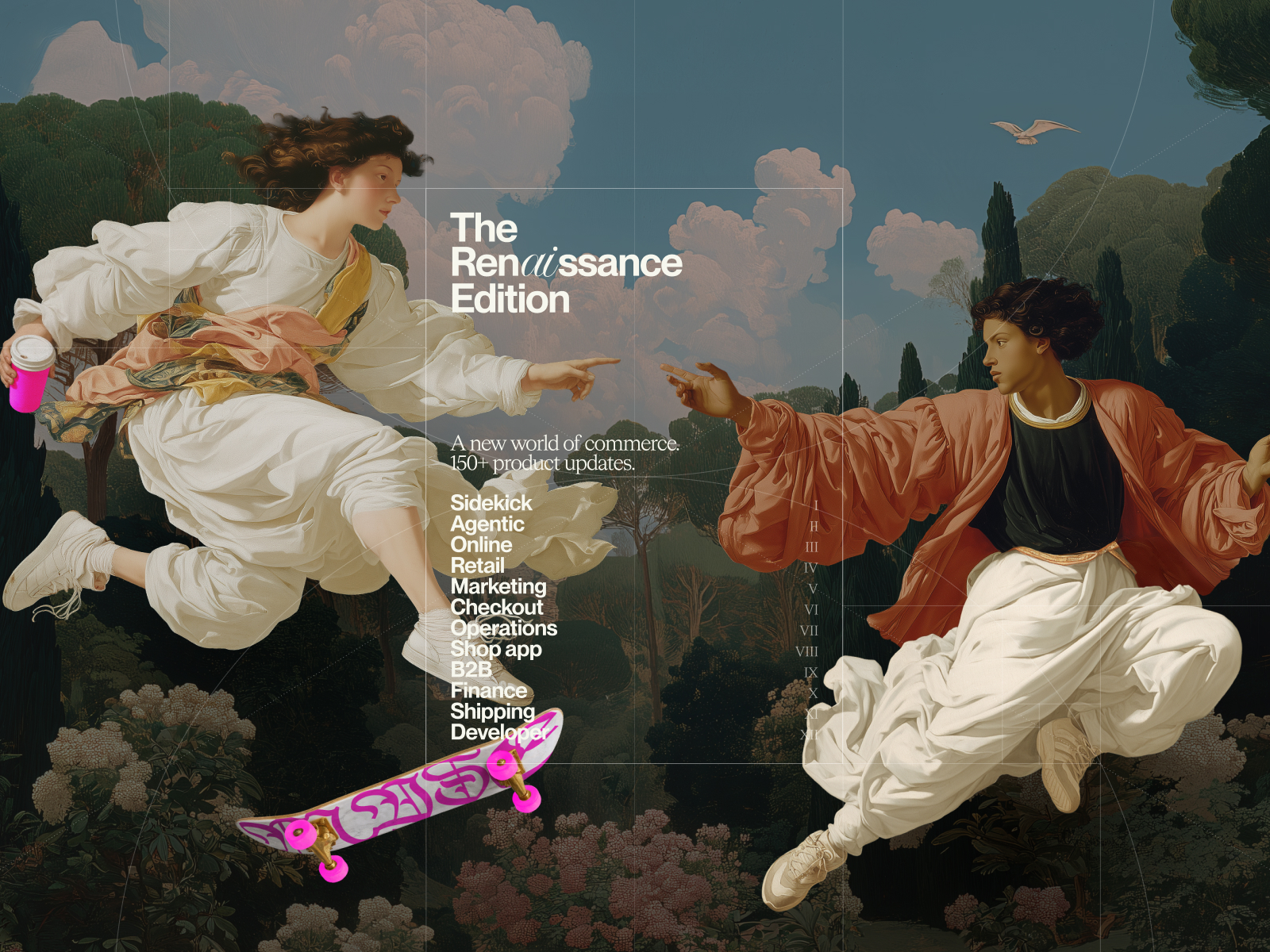 The Renaissance Edition de Shopify con personajes y objetos contemporáneos en un paisaje de aire clásico