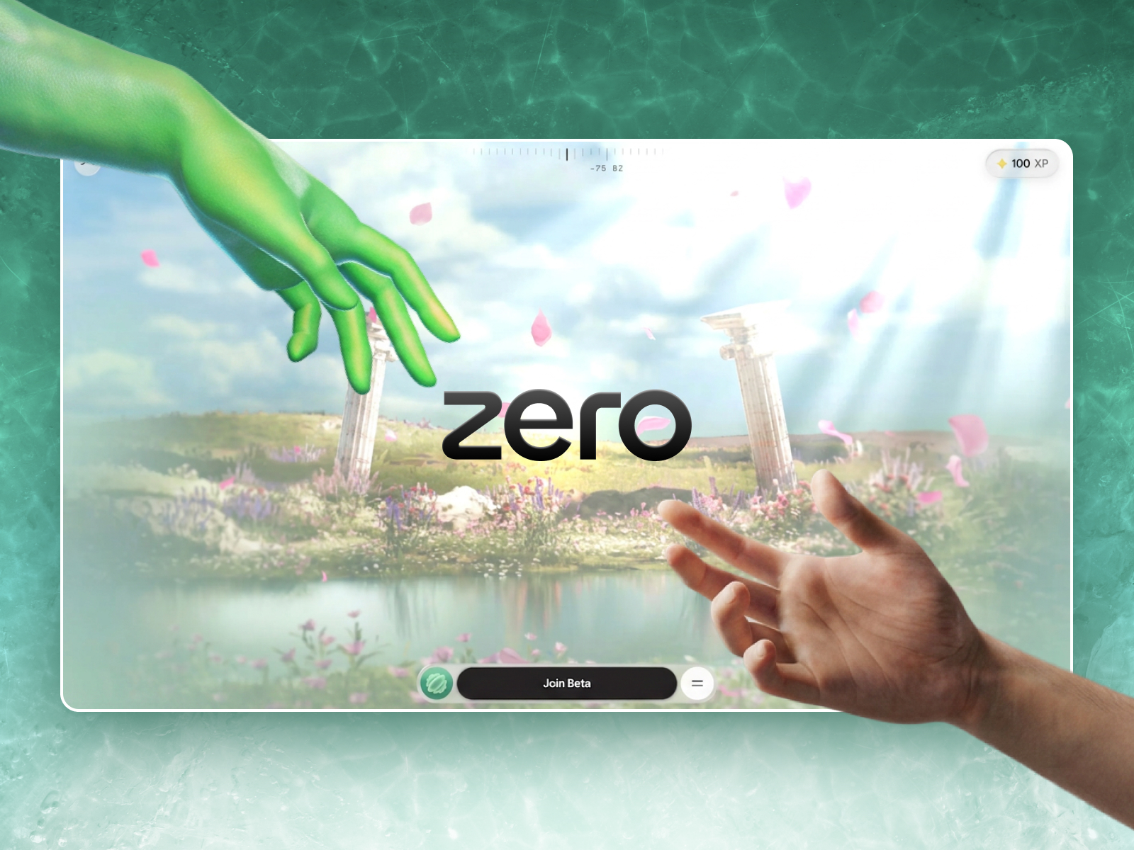 Why Zero con manos tridimensionales y un paisaje fantástico alrededor de su marca