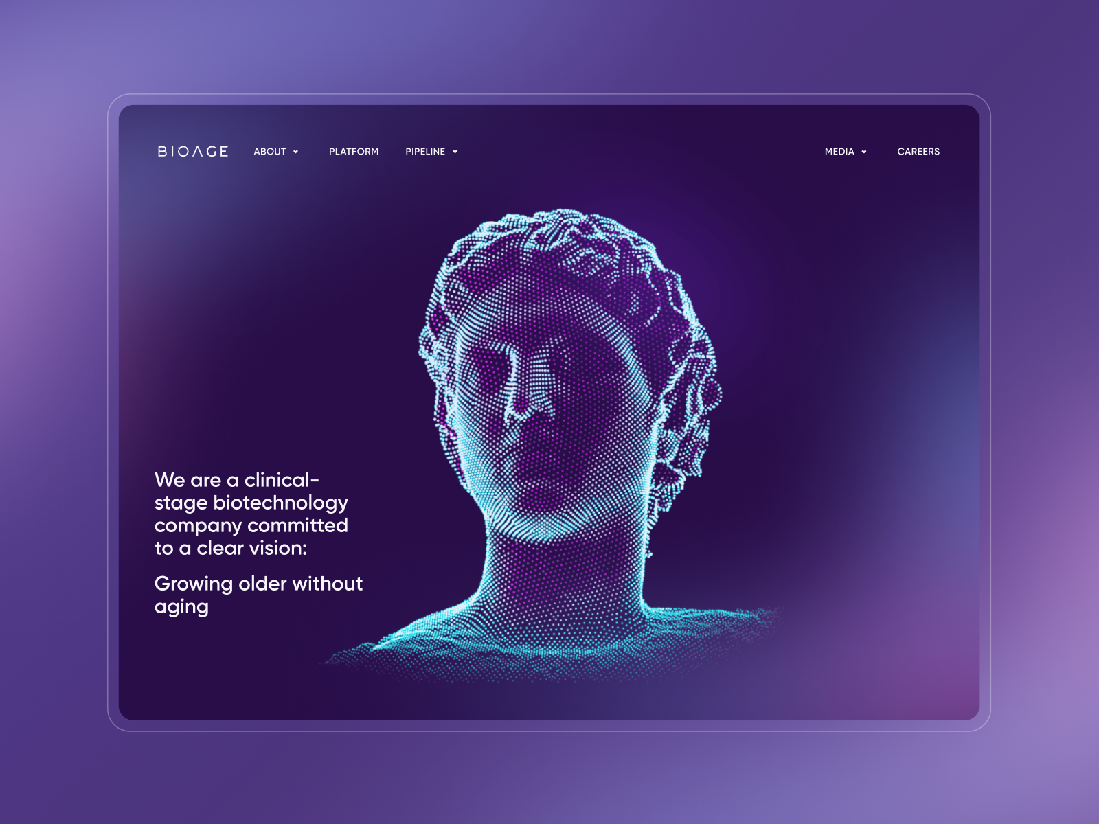 Diseño de BioAge por Zajno con un retrato de puntos sobre fondo violeta
