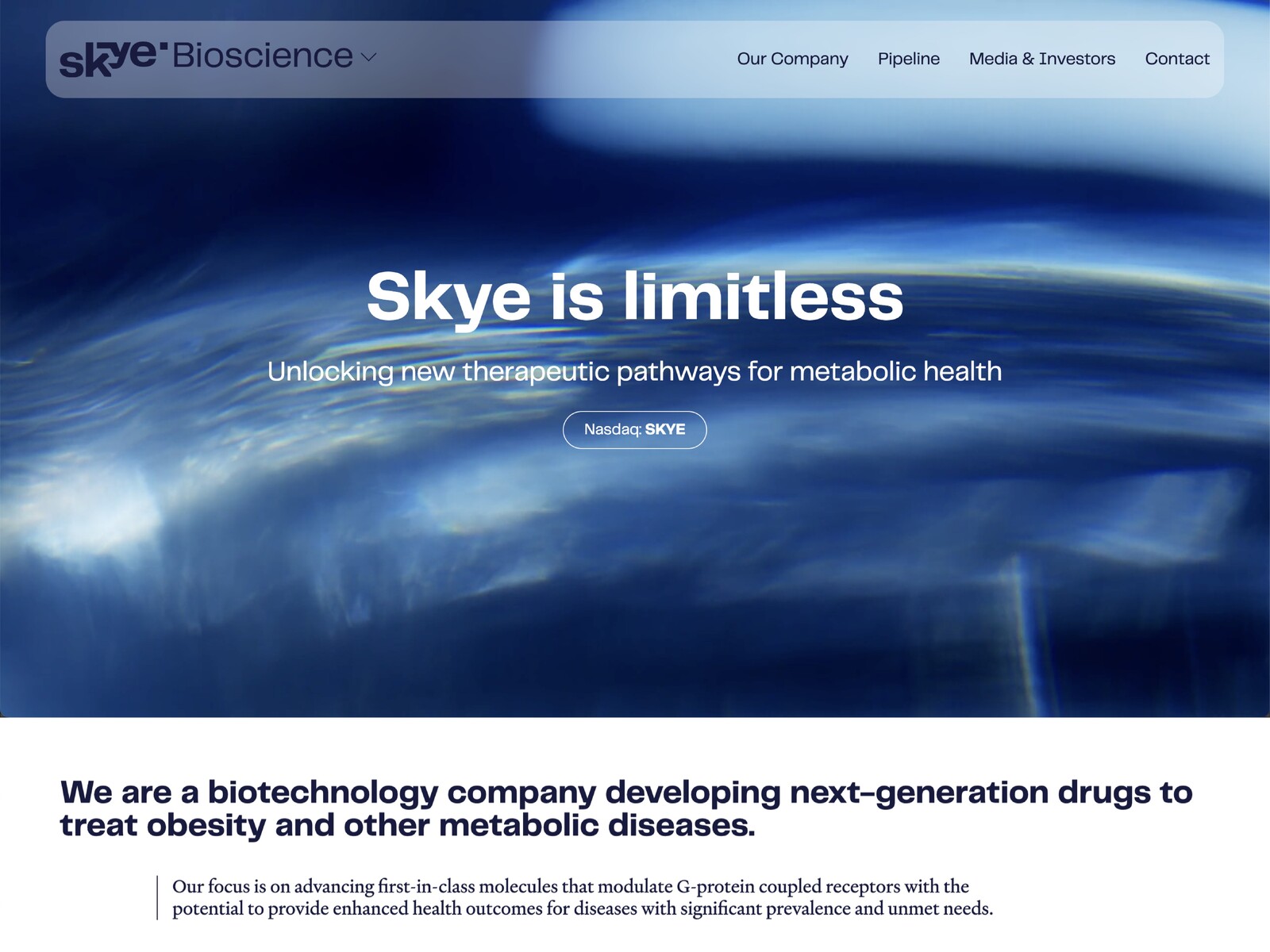 Portada de Skye Bioscience con imagen azul de gran escala y navegación