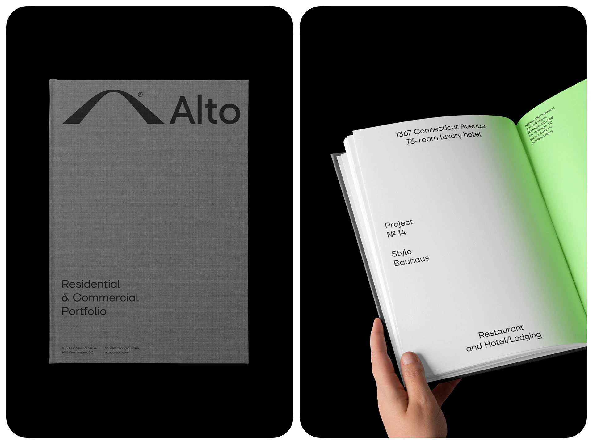 Portfolio ALTO con símbolo tipografía y verde en el interior