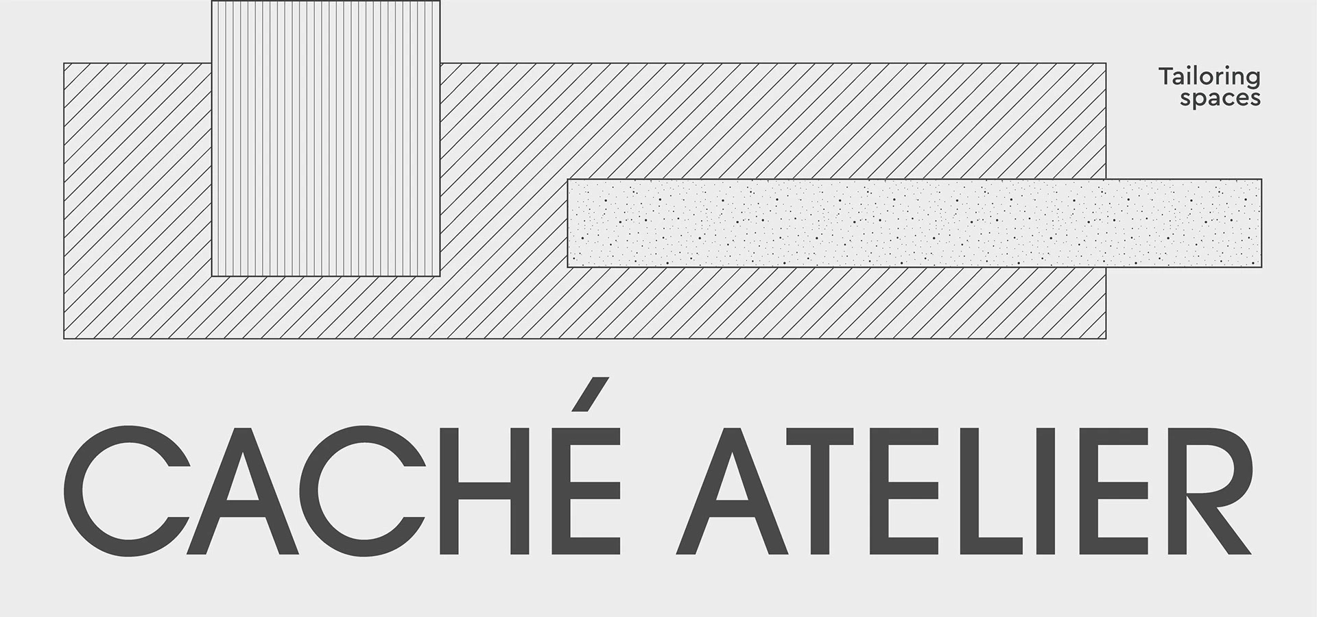 Nombre Caché Atelier acompañado de planos geométricos y tramas de líneas