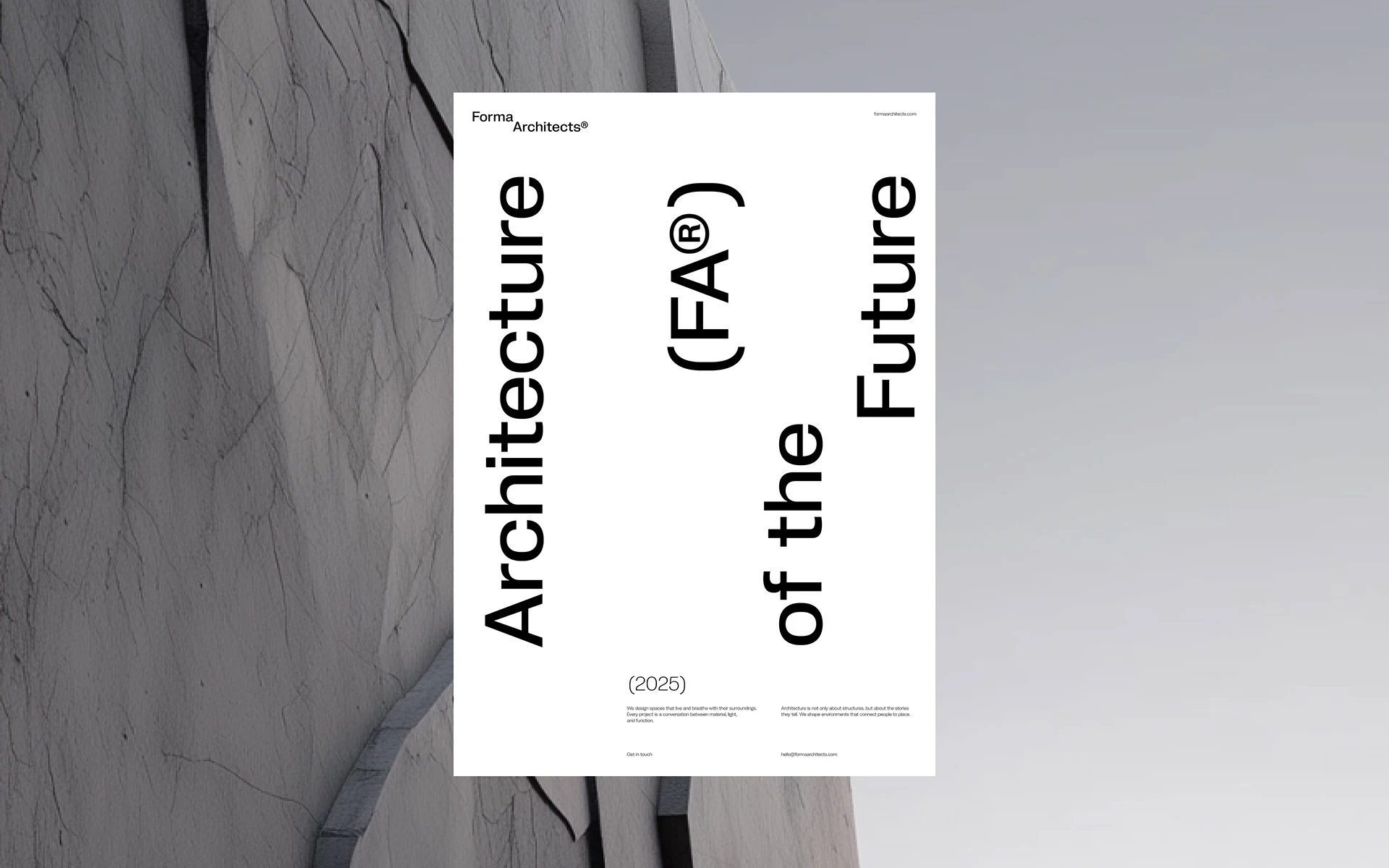 Cartel vertical de Forma Architects con palabras organizadas en columnas