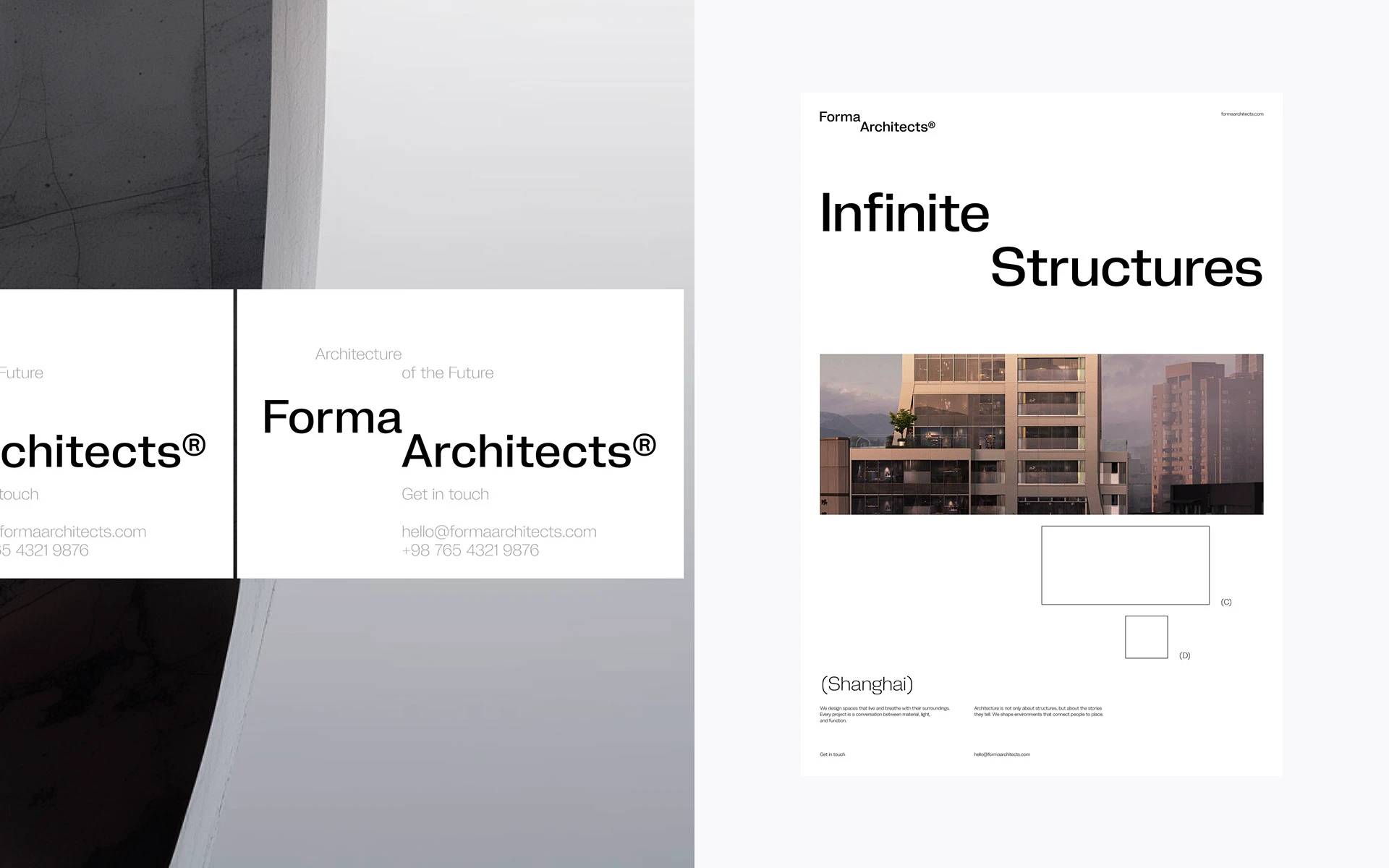 Tarjetas y pieza editorial de Forma Architects con jerarquía tipográfica