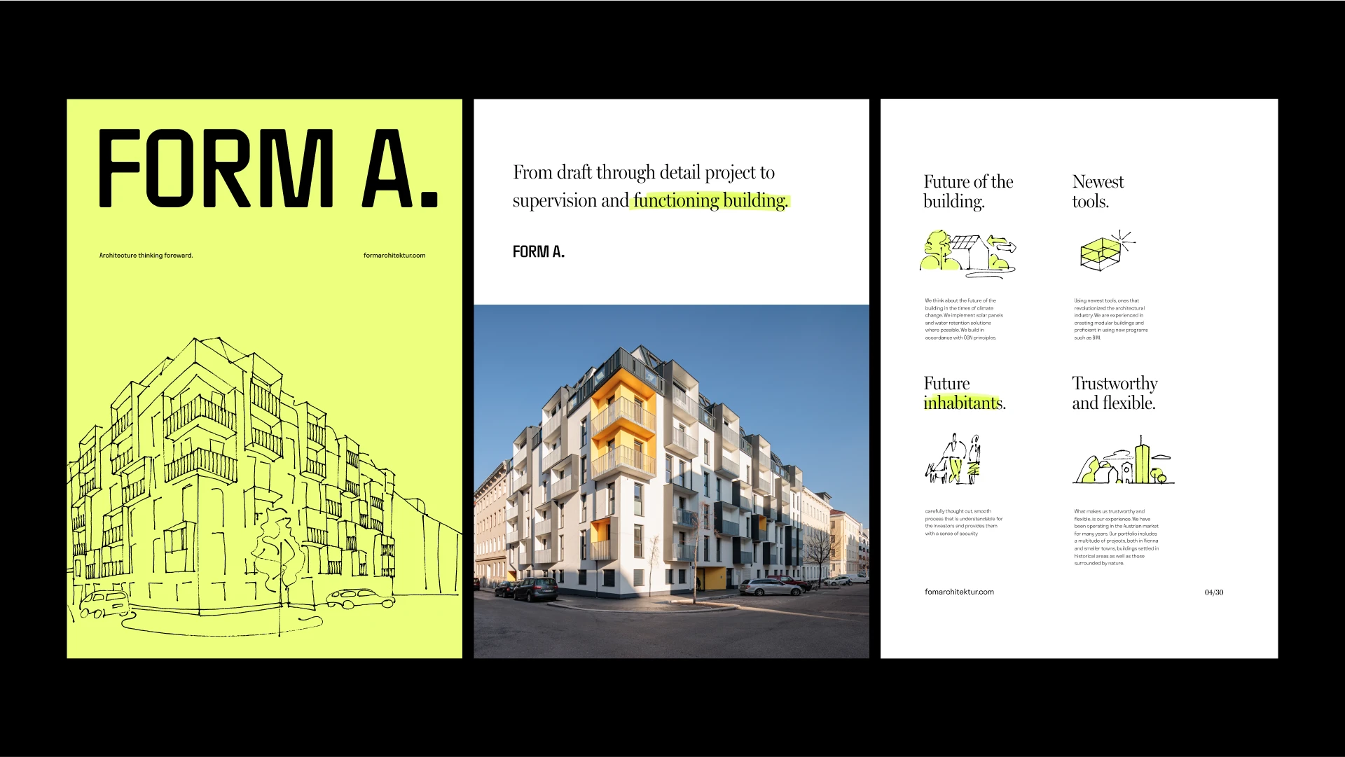 Sistema de identidad FORM A con dibujo foto y contenido editorial