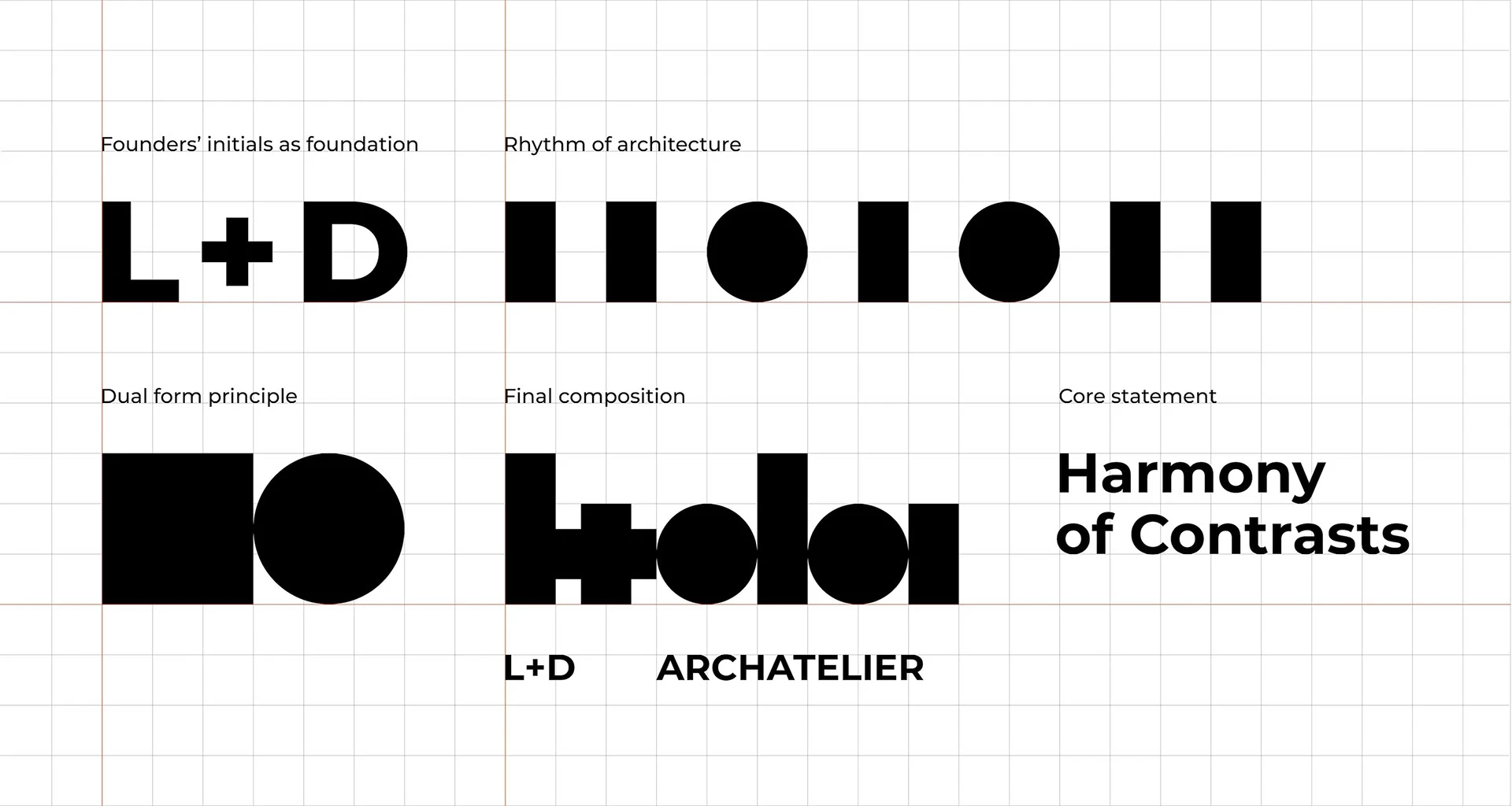Construcción del logotipo L+D Archatelier con iniciales cuadrados y círculos