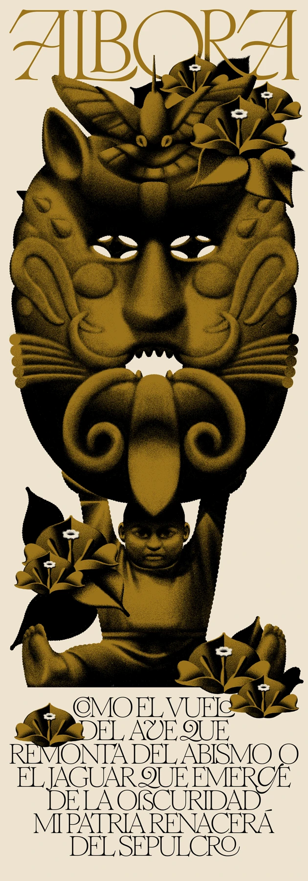 Cartel Albora con ilustración simétrica lettering y texto en composición vertical